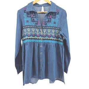 Roper Womens Embroidered Denim Tunic Shirt Blue Cactus Aztec Sz M Boho Western